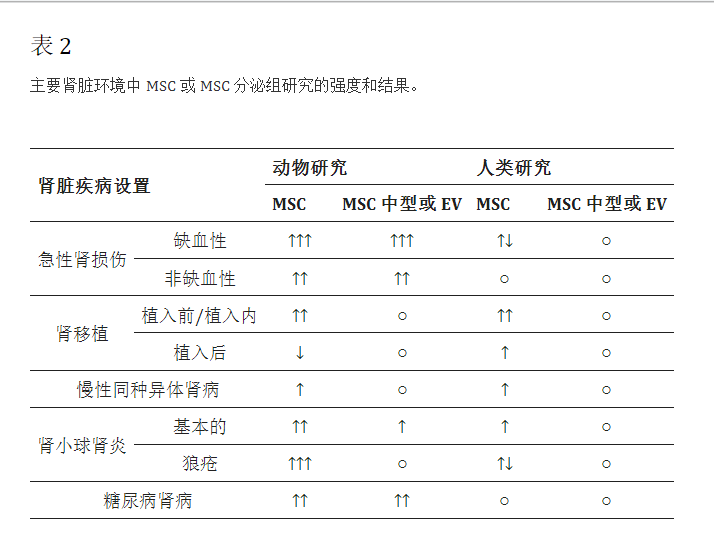 主要腎臟環(huán)境中MSC或MSC分泌組研究的強(qiáng)度和結(jié)果