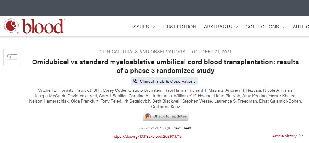 Omidubicel對比標準清髓性臍帶血移植：一項3期隨機研究的結(jié)果