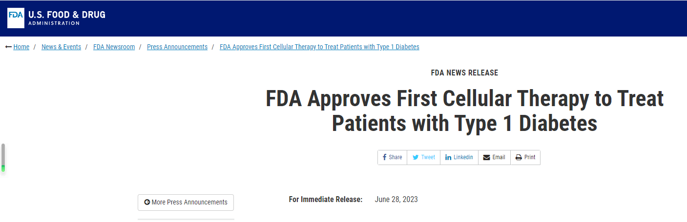 FDA批準(zhǔn)首個細(xì)胞療法治療1型糖尿病患者