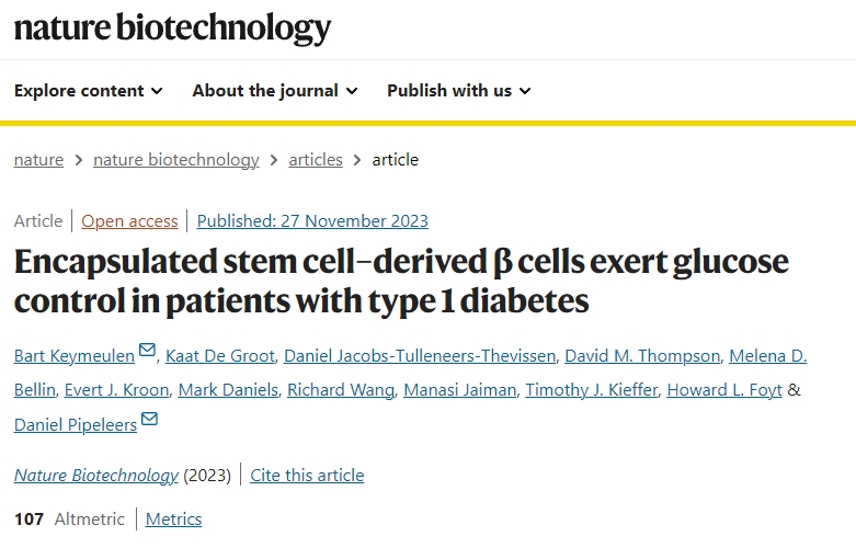 標(biāo)題：封裝的干細胞衍生β細胞能控制1型糖尿病患者的血糖