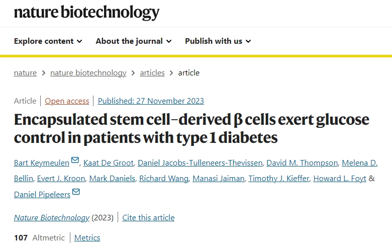 封裝干細胞衍生的β細胞對1型糖尿病患者發(fā)揮血糖控制作用