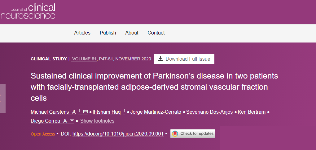 面部移植脂肪來(lái)源的基質(zhì)血管成分細(xì)胞后，兩名帕金森病患者病情持續(xù)改善