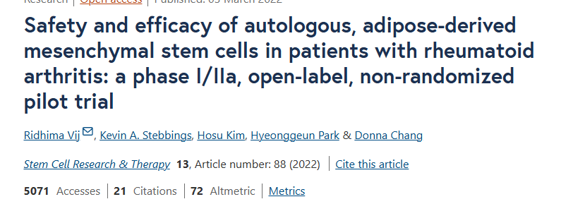 2022年3月3日，Hope Biosciences 干細(xì)胞研究基金會在國際期刊期刊雜志《Stem Cell Research & Therapy 》上發(fā)布了一篇《自體脂肪間充質(zhì)干細(xì)胞治療類風(fēng)濕關(guān)節(jié)炎患者的安全性和有效性：一項 I/IIa 期、開放標(biāo)簽、非隨機(jī)試點試驗》的實驗結(jié)果。