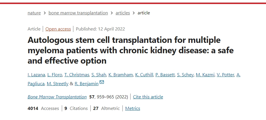 自體干細胞移植治療患有慢性腎病的多發(fā)性骨髓瘤患者：一種安全有效的選擇