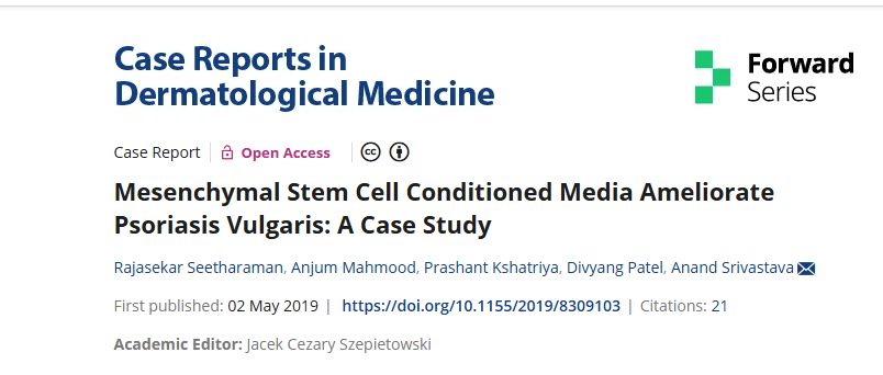 2019年5月2日，全球干細(xì)胞治療與研究研究所在國際期刊《Case Reports inDermatological Medicine》上發(fā)布了一篇《間充質(zhì)干細(xì)胞條件培養(yǎng)基改善尋常型銀屑病：案例研究》的研究結(jié)果。