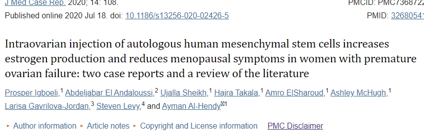 卵巢內(nèi)注射自體人類間充質(zhì)干細胞可增加卵巢早衰女性的雌激素產(chǎn)生并減少更年期癥狀