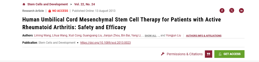 2013年8月13日，中國人民解放軍第323醫(yī)院在國際期刊《Stem cells and development》上發(fā)布了一篇《人臍帶間充質(zhì)干細胞治療活動性類風濕關(guān)節(jié)炎患者的安全性和有效性》的研究結(jié)果。