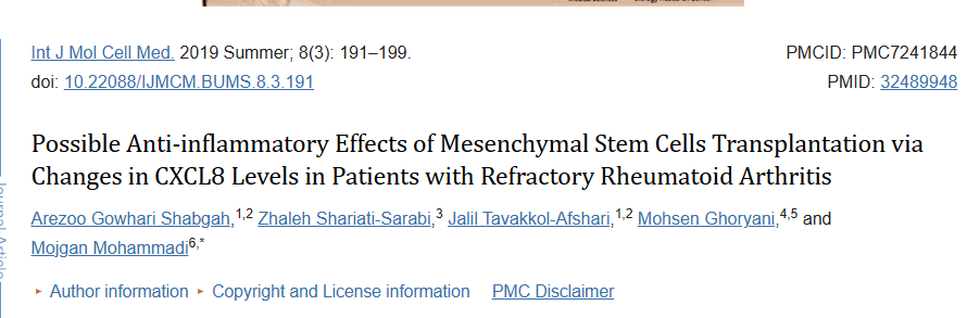 2019年，伊朗馬什哈德醫(yī)科大學在國際期刊《International Journal of Molecular and Cellular Medicine》發(fā)布了一篇《間充質(zhì)干細胞移植可能通過改變難治性類風濕關(guān)節(jié)炎患者的 CXCL8 水平發(fā)揮抗炎作用》的研究結(jié)果。