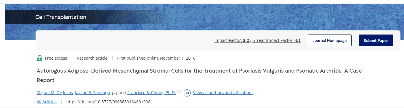 2016年，在國際期刊“Cell Transplantation”上發(fā)布了《自體脂肪來源的間充質(zhì)基質(zhì)細(xì)胞治療尋常型銀屑病和銀屑病關(guān)節(jié)炎：病例報告》的研究結(jié)果。