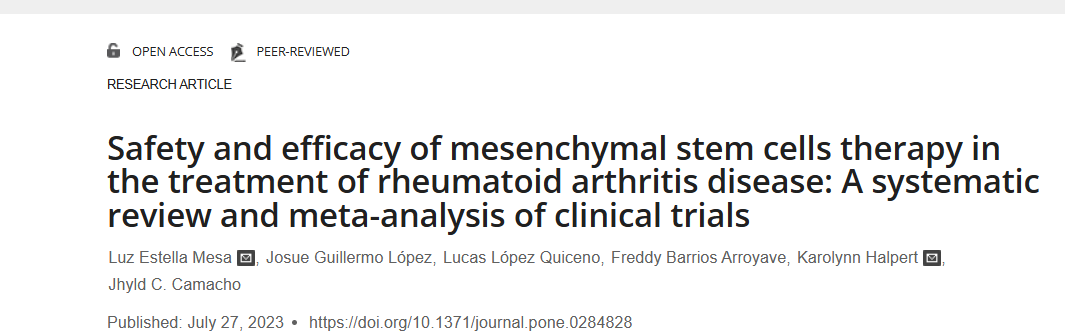 2023年7月27日，哥倫比亞BioXcellerator / BioXscience 先進療法和轉化醫(yī)學中心在國際期刊《PLOS ONE》上發(fā)布了一篇《間充質干細胞治療類風濕關節(jié)炎疾病的安全性和有效性：臨床試驗的系統(tǒng)評價和薈萃分析》的研究結果。