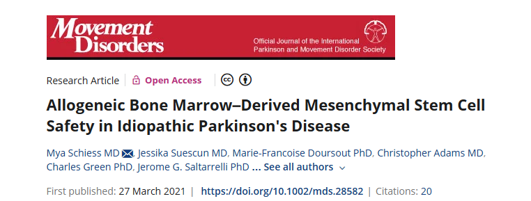 2021年3月27日，休斯頓德克薩斯大學(xué)在國際期刊《Movement Disorders》上發(fā)布了一篇《同種異體骨髓間充質(zhì)干細(xì)胞在特發(fā)性帕金森病中的安全性》的研究結(jié)果。