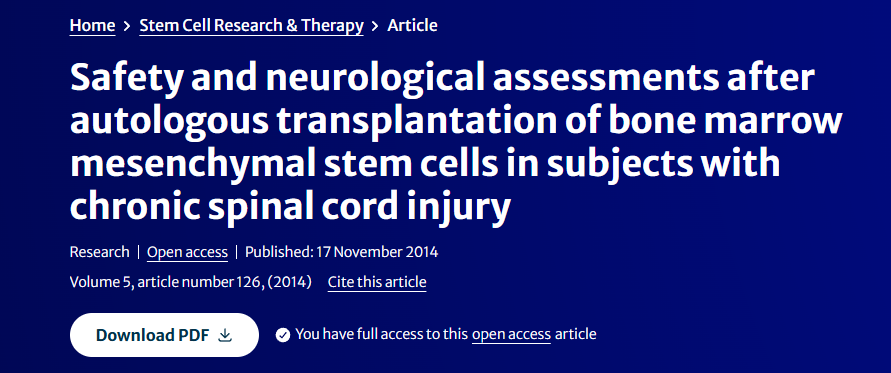 2014年11月17日，貢薩洛·莫尼茲研究中心在國際期刊《Stem Cell Therapy and Research》上發(fā)布了一篇《慢性脊髓損傷患者骨髓間充質(zhì)干細(xì)胞自體移植后的安全性和神經(jīng)系統(tǒng)評估》的研究結(jié)果。