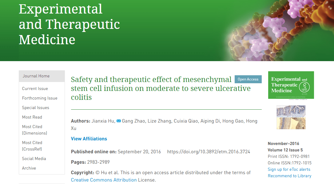 2016年9月20日，青島大學(xué)附屬醫(yī)院在國(guó)際期刊《Experimental andTherapeutic Medicine》上發(fā)布了一篇《間充質(zhì)干細(xì)胞輸注治療中重度潰瘍性結(jié)腸炎的安全性及治療效果》的研究結(jié)果。