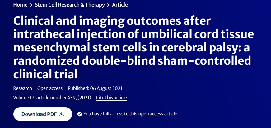 ‘臍帶組織間充質(zhì)干細(xì)胞鞘內(nèi)注射治療腦癱患者后的臨床和影像學(xué)結(jié)果：一項(xiàng)隨機(jī)雙盲假對(duì)照臨床試驗(yàn)