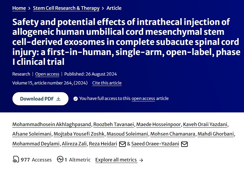 鞘內(nèi)注射同種異體人臍帶間充質(zhì)干細胞來源的外泌體對完全性亞急性脊髓損傷的安全性和潛在影響：一項首次人體、單組、開放標簽、 I 期臨床試驗