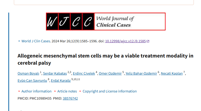 2024年3月26日，土耳其健康科學大學在在國際期刊《World Journal of Clinical Cases》上發(fā)布了一篇《同種異體間充質(zhì)干細胞可能是治療腦癱的一種可行方法》的研究結(jié)果。