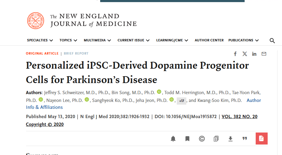 2020年5月13日，麻省總醫(yī)院神經(jīng)外科在國(guó)際期刊《New England Journal of Medicine》上發(fā)布了一篇《個(gè)性化 iPSC 衍生的多巴胺祖細(xì)胞用于治療帕金森病》的研究結(jié)果。