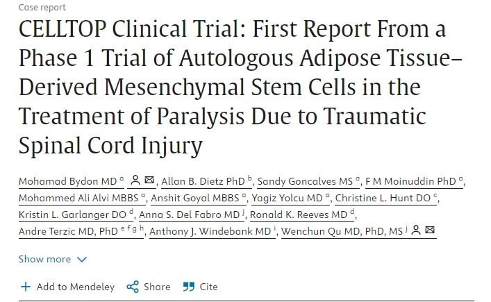 CELLTOP 臨床試驗：自體脂肪組織來源的間充質(zhì)干細胞治療創(chuàng)傷性脊髓損傷所致癱瘓的 1 期臨床試驗首份報告