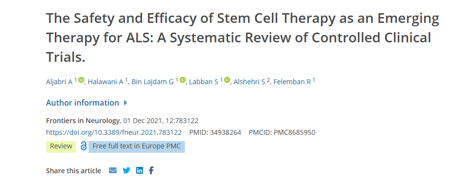 2021年12月1日，阿卜杜勒阿齊茲國王健康科學(xué)大學(xué)在國際期刊《Frontiers in Neurology》上發(fā)布了一篇《干細胞療法作為 ALS 新興療法的安全性和有效性：對照臨床試驗的系統(tǒng)評價》的研究結(jié)果。