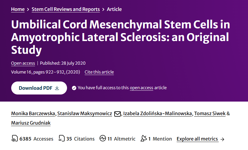 2020年7月28日，波蘭奧爾什丁大學(xué)臨床醫(yī)院在國際期刊《Stem Cell Reviews and Reports》上發(fā)布了一篇《臍帶間充質(zhì)干細胞在肌萎縮側(cè)索硬化癥中的應(yīng)用：一項原創(chuàng)研究》的研究結(jié)果。