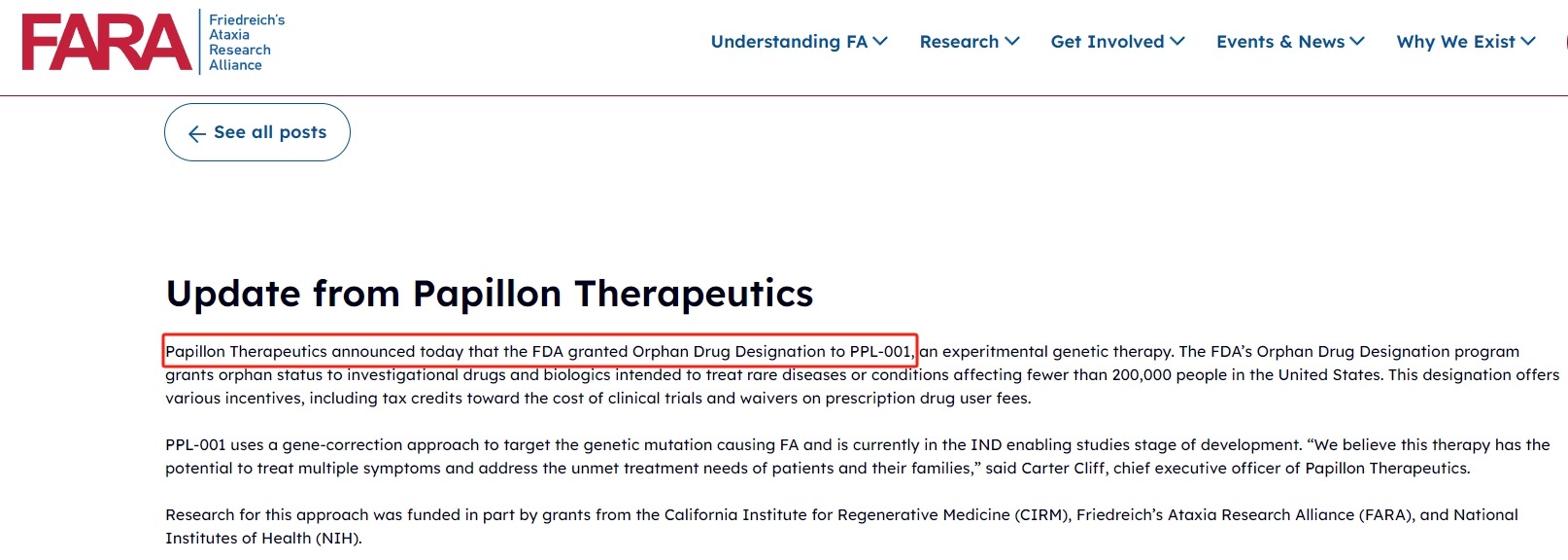 Papillon Therapeutics的PPL-001治療弗里德賴希共濟(jì)失調(diào)癥獲得美國食品藥品管理局頒發(fā)的孤兒藥資格認(rèn)定