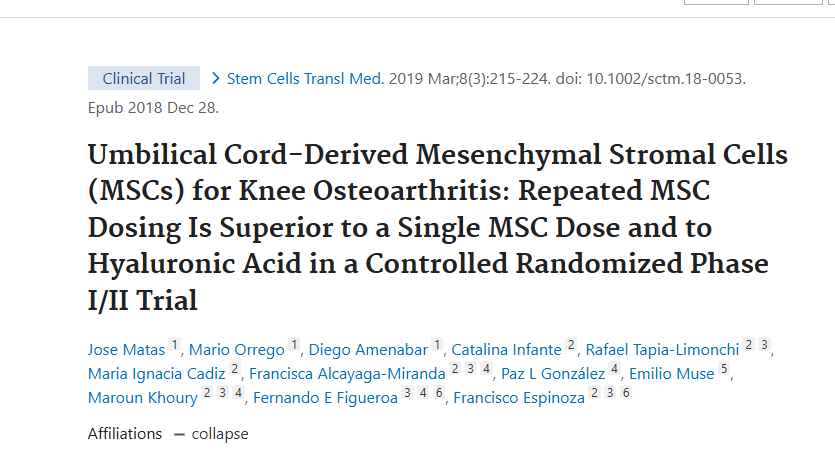 《臍帶來源的間充質基質細胞 （MSC） 治療膝骨關節(jié)炎：在對照隨機 I/II 期試驗中，重復 MSC 給藥優(yōu)于單次 MSC 劑量和透明質酸》