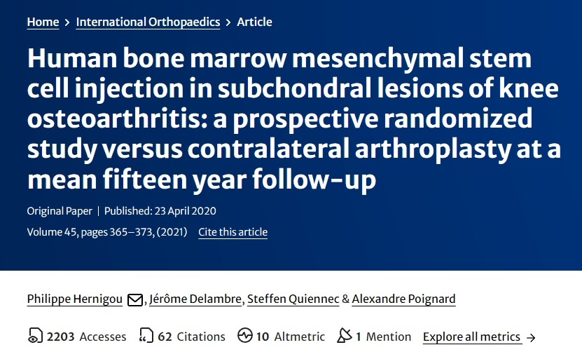 人類骨髓間充質(zhì)干細(xì)胞注射治療膝骨關(guān)節(jié)炎軟骨下?lián)p傷：一項(xiàng)前瞻性隨機(jī)研究，對(duì)比平均15年隨訪的對(duì)側(cè)關(guān)節(jié)置換術(shù)