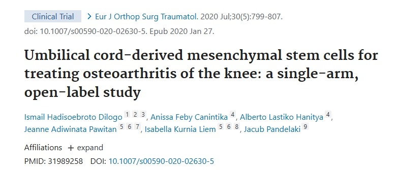 臍帶來源的間充質(zhì)干細(xì)胞治療膝骨關(guān)節(jié)炎：一項(xiàng)單臂、開放標(biāo)簽研究