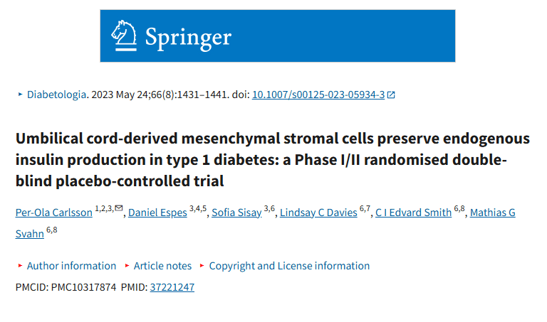 《臍帶間充質(zhì)基質(zhì)細(xì)胞保留 1 型糖尿病患者的內(nèi)源性胰島素產(chǎn)生：一項(xiàng) I/II 期隨機(jī)雙盲安慰劑對(duì)照試驗(yàn)》