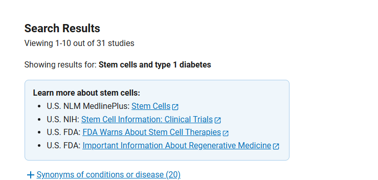 clinicaltrials.gov網(wǎng)站上注冊(cè)的有關(guān)干細(xì)胞治療1型糖尿病臨床研究項(xiàng)目有31項(xiàng)