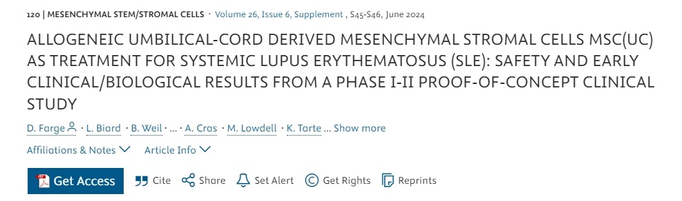 同種異體臍帶間充質(zhì)基質(zhì)細胞 MSC(UC) 治療系統(tǒng)性紅斑狼瘡 (SLE)：I-II 期概念驗證臨床研究的安全性和早期臨床/生物學結(jié)果