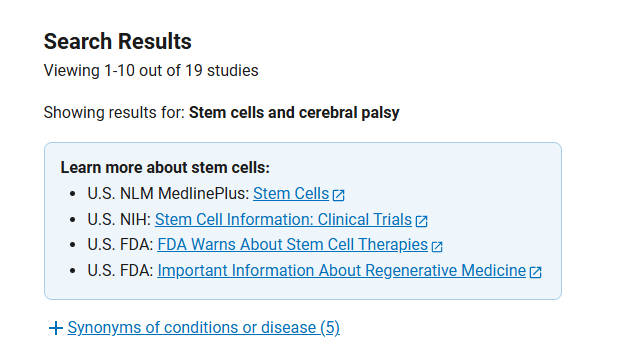 clinicaltrials.gov網(wǎng)站上注冊的有關(guān)干細(xì)胞治療腦癱臨床研究項(xiàng)目有19項(xiàng)