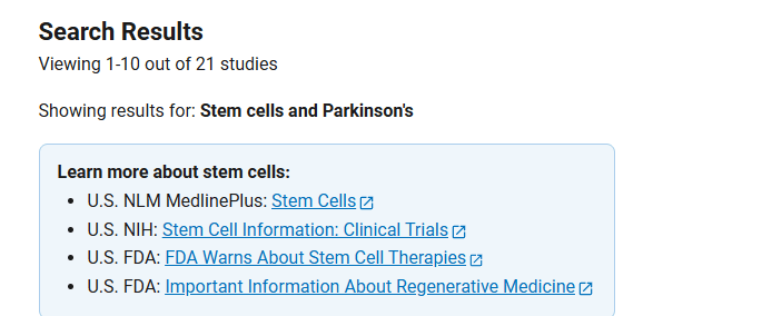 clinicaltrials.gov網(wǎng)站上注冊(cè)的有關(guān)干細(xì)胞治療帕金森臨床研究項(xiàng)目有21項(xiàng)