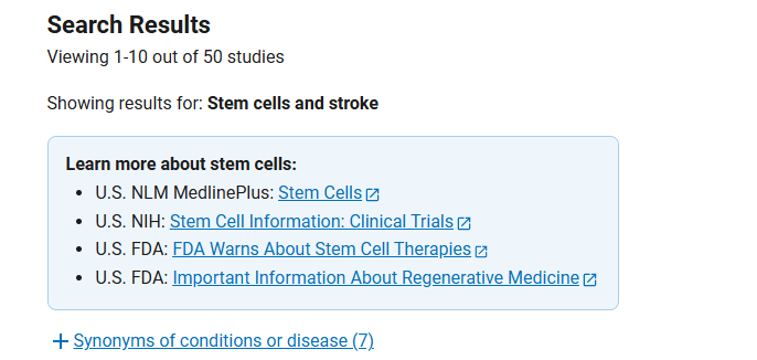 clinicaltrials.gov網站上注冊的有關干細胞治療中風臨床研究項目有50項