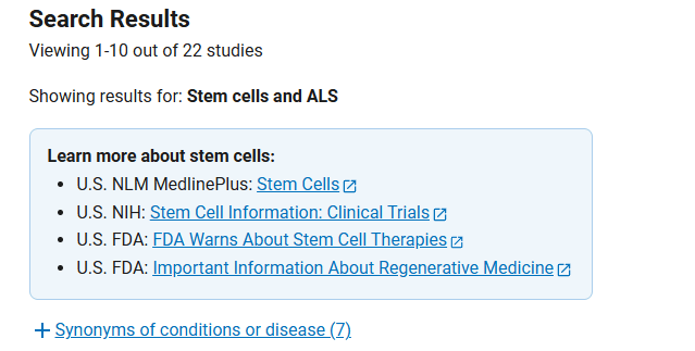 clinicaltrials.gov網(wǎng)站上注冊的有關(guān)干細(xì)胞治療漸凍癥臨床研究項目有22項 