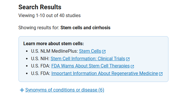 clinicaltrials.gov網(wǎng)站上注冊(cè)的有關(guān)干細(xì)胞治療肝硬化臨床研究項(xiàng)目有40項(xiàng) 