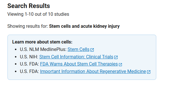 clinicaltrials.gov網(wǎng)站上注冊的有關(guān)干細(xì)胞治療急性腎損傷的臨床研究項(xiàng)目有10項(xiàng) 