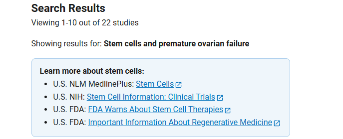 clinicaltrials.gov網(wǎng)站上注冊(cè)的有關(guān)干細(xì)胞治療卵巢早衰的臨床研究項(xiàng)目有22項(xiàng)