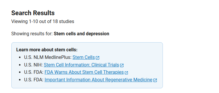 clinicaltrials.gov網(wǎng)站上注冊(cè)的有關(guān)干細(xì)胞治療抑郁癥的臨床研究項(xiàng)目有18項(xiàng) 