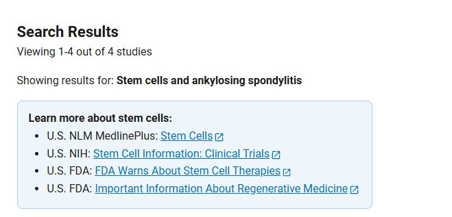 clinicaltrials.gov網(wǎng)站上注冊的有關(guān)干細(xì)胞治療強直性脊柱炎的臨床研究項目有4項