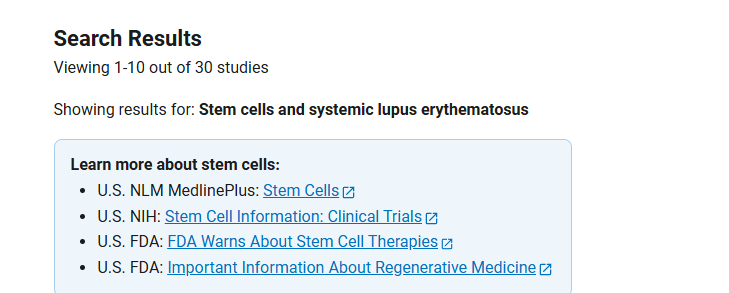 clinicaltrials.gov網(wǎng)站上注冊的有關(guān)干細胞治療系統(tǒng)性紅斑狼瘡的臨床研究項目有30項 