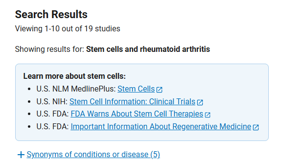 clinicaltrials.gov網(wǎng)站上注冊(cè)的有關(guān)干細(xì)胞治療類風(fēng)濕關(guān)節(jié)炎的臨床研究項(xiàng)目有19項(xiàng) 