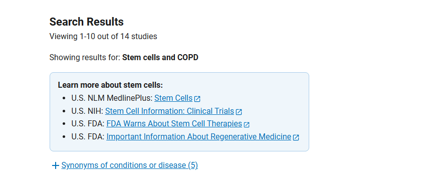 clinicaltrials.gov網(wǎng)站上注冊的有關(guān)干細(xì)胞治療慢阻肺的臨床研究項(xiàng)目有14項(xiàng)