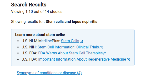 clinicaltrials.gov網(wǎng)站上注冊的有關(guān)干細(xì)胞治療狼瘡性腎炎的臨床研究項目有14項 