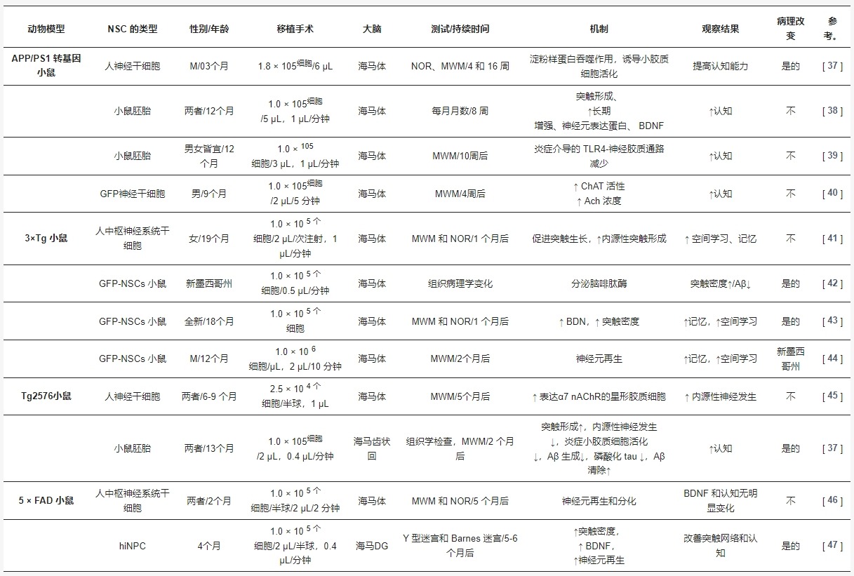 表1：小鼠模型中的神經(jīng)干細(xì)胞移植