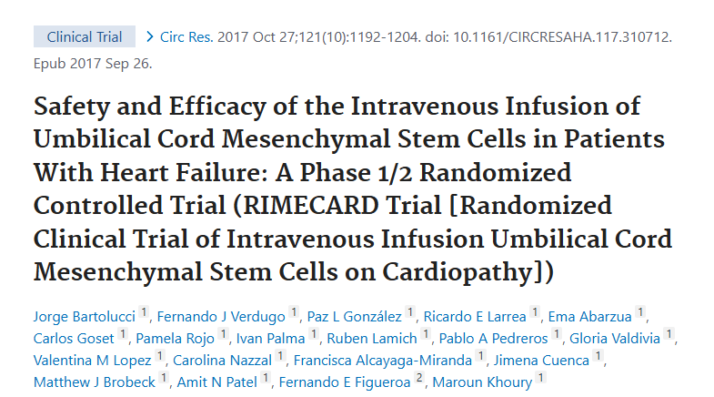 臍帶間充質(zhì)干細(xì)胞靜脈輸注治療心力衰竭患者的安全性和有效性：1/2期隨機(jī)對照試驗(yàn)
