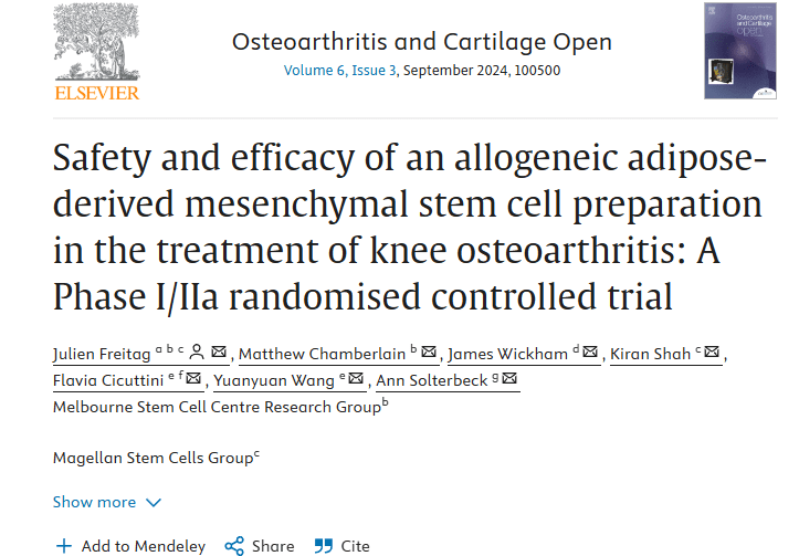 同種異體脂肪間充質(zhì)干細(xì)胞制劑治療膝關(guān)節(jié)骨關(guān)節(jié)炎的安全性和有效性：I/IIa 期隨機(jī)對(duì)照試驗(yàn)
