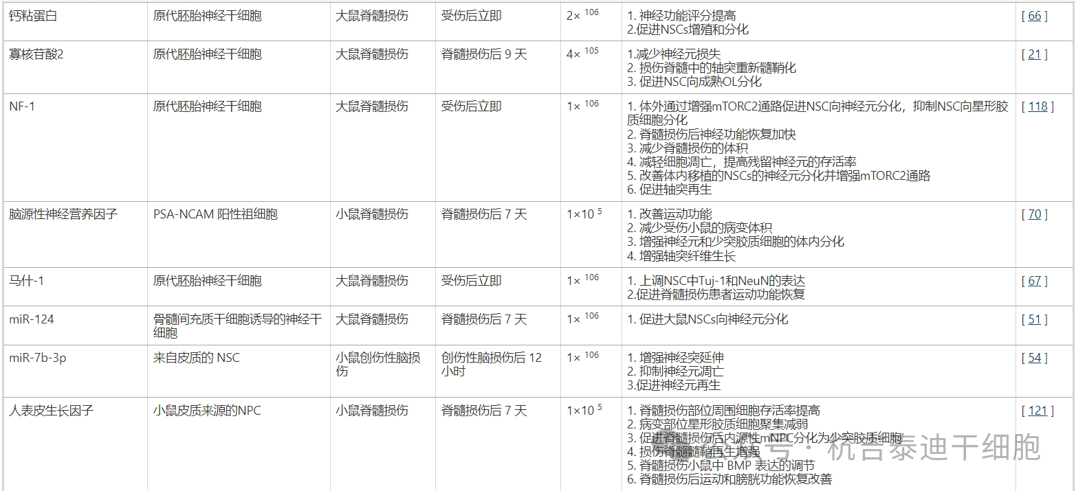 表2：多種基因修飾神經(jīng)干細(xì)胞移植治療脊髓損傷動(dòng)物模型的示意圖、移植時(shí)間、細(xì)胞數(shù)量及結(jié)果