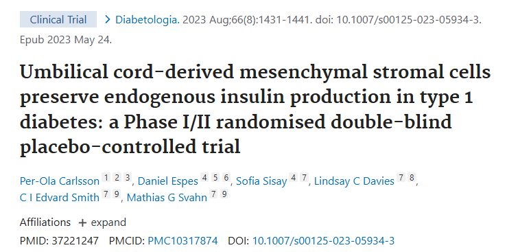 臍帶間充質(zhì)基質(zhì)細(xì)胞保留 1 型糖尿病患者的內(nèi)源性胰島素產(chǎn)生：一項 I/II 期隨機雙盲安慰劑對照試驗